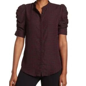 NWT- Laundry by Shelli Segal Houndstooth Print Shirred Short Sleeve Blouse, XS